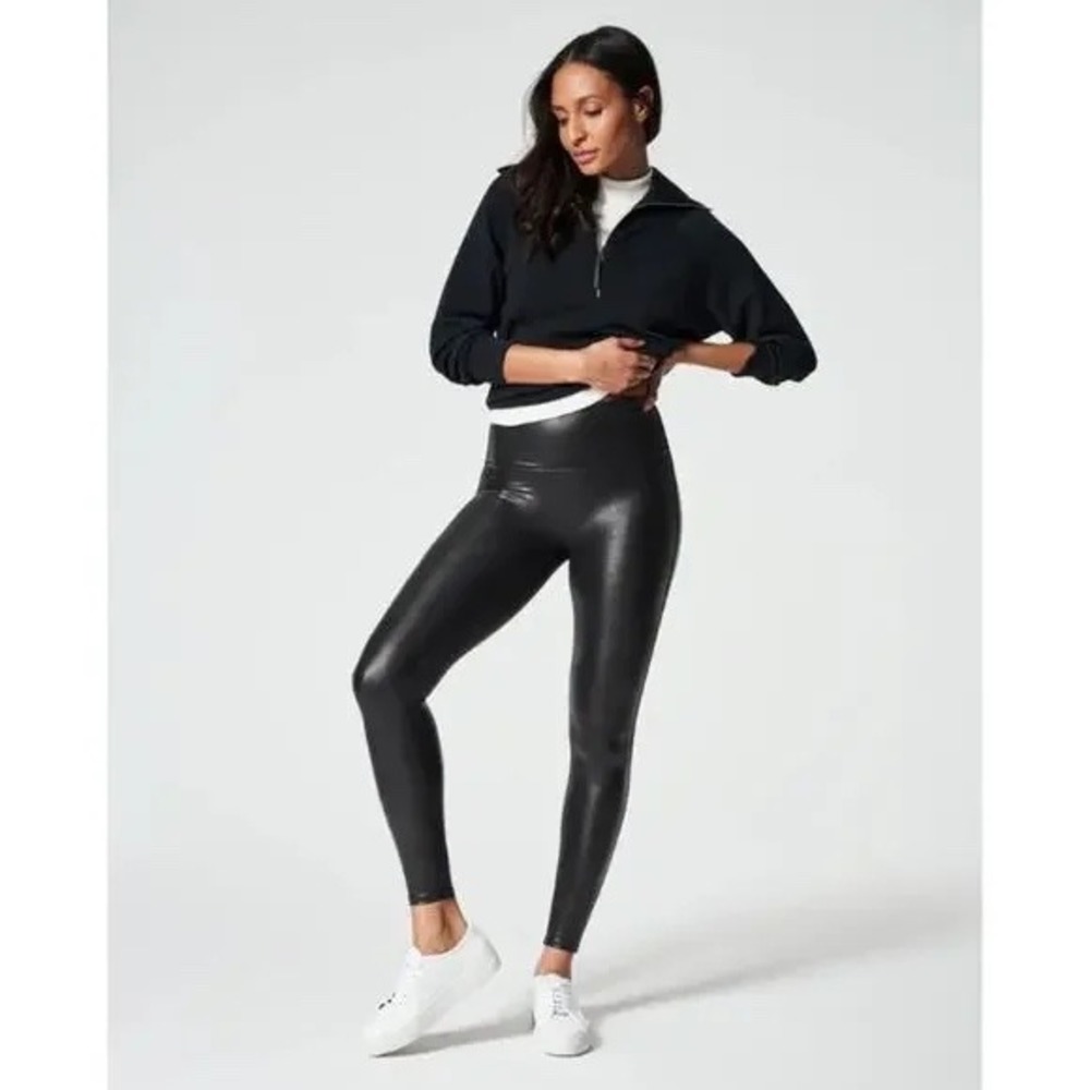 SPANX Faux Leather Leggings Black Metallic High Waisted Tummy Control S